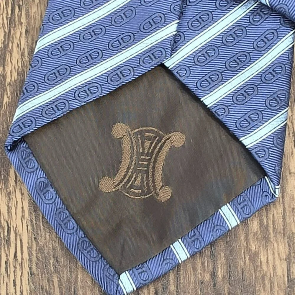 Celine Neck Tie 100% Silk Blue Striped Chain Designer Italian Quality Corpcore